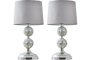 MINISUN Pair of - Modern Decorative Chrome & Mosaic Crackle Glass Table Lamps with a Grey Shade