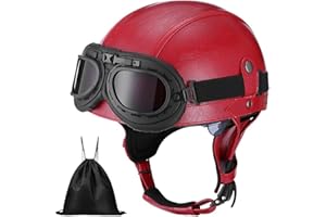 BDTOT Casque de Moto Vintage Cuir Retro Vintage Scooter Open Face Demi Casque de Cuir avec UV Lunettes Certifié ECE Bols pour Homme et Femme Adultes Demi-Casques avec Sac de Rangement