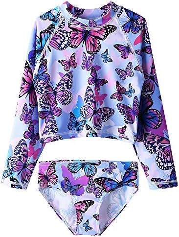 HUAANIUE Kids LongSleeve Swimsuit Flower Butterfly UPF 50+ Swimwear Girls Princess Swimming Costume 4-12Y