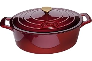 La Cuisine Gjutjärnsgryta, oval gryta i emaljerat gjutjärn, gryta med lock, 5 L. intern mattsvart emaljbeläggning, tranbär, g