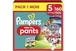 Pampers Baby-Dry Pants Taille 5 (12-17 kg), 160 Couches-Culottes Bébé, Pack 1 Mois, Édition Pat'Patrouille à la Rescousse contre les Fuites, Faciles à Changer, Exclusivité Amazon