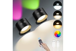HOTUT Vägglampa Inomhus, 2 st 360° Roterbar Sänglampa, Laddningsbar LED-Vägglampa med Fjärrkontroll, 12 RGB-Färger, 3 Färgtemperaturer för Säng, Sovrum, Vardagsrum