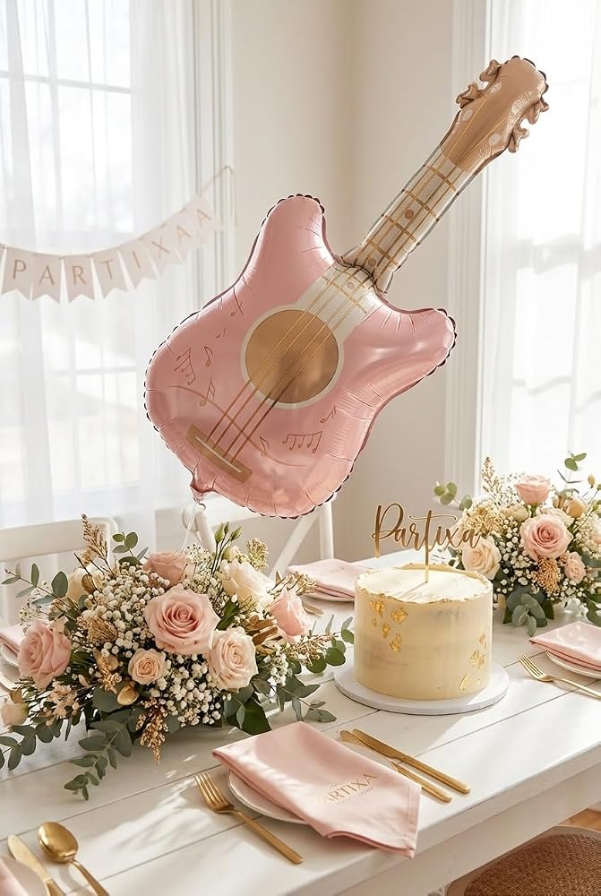 Retro Mat Pembe Gitar Figürlü Folyo Balon | Müzik Temalı Doğum Günü Rock Konsept Parti Süsleme Vintage Dekorasyon Balonu