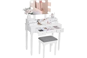 ‎ANWBROAD ANWBROAD Schminktisch mit Spiegel und 8 LED-Leuchten, Schminkkommode 7 Schublade & 5 offenen Fächern, Schminktisch mit großer Schublade, 80x40x135.5cm, 3 einstellbare Beleuchtungsstärken, Weiß BDT03W