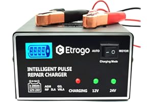 Etrogo Chargeur de Batterie de Voiture 12V 24V 10A Chargeur de Batterie Rapide Chargeur d'impulsions avec écran à Barre LED pour Voiture et Moto ou Bateau