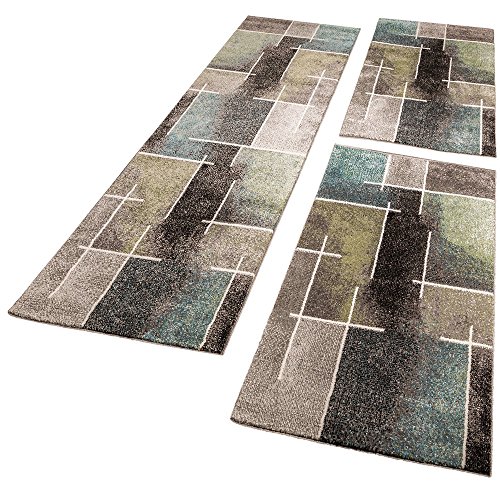 Bettumrandung Läuferset Trendiges Design Kariert Eyecatcher in Grau Türkis Grün, Grösse:2mal 70x140 1mal 70x250