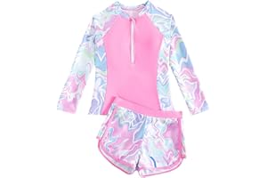DIVINGBIRDS Girls Swimming Costume Padded Bras Long Sleeve Kid Swimsuit Two Pieces Swimming Suit Girl Swimwear with Swim Short 8-12 Years