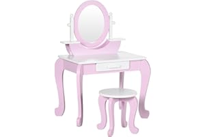 ZONEKIZ Tocador para Niñas con Taburete y Espejo Tocador Infantil de Madera con Cajón Centro de Belleza Mesa de Maquillaje para Niñas de 3-6 Años 65,5x46x93 cm Rosa