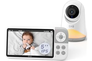 GHB Baby Monitor Video e Audio 5'', 350°/120°, 720HD IPS Schermo, Rilevamento della Temperatura, Luce Notturna Integrata, Visione Notturna, Interfono Bidirezionale, Ninna Nanna