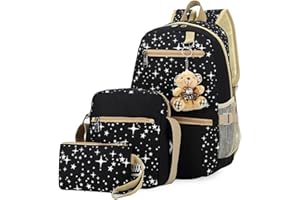 BANSUSU Star Print Girls Black Backpacks for School, School Bags for Teenage Girls Primary Secondary School, with Crossbody Bag, 3 Pieces