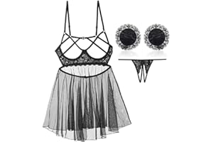 NLAND Mujer Lingerie Atractivo de Encaje y Tul Atractivo Bodysuit Conjunto Ropa de Dormir Conjunto Transparente Atractiva Babydoll