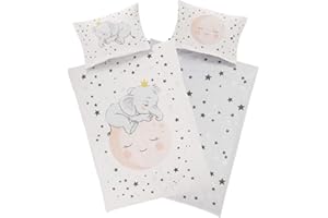‎AMINATA KIDS Aminata kids Kinderbettwäsche Elefant 100x135 Junge, Jungen & Mädchen - Baumwolle - Elefanten-Motiv - Wende-Kinder-Baby-Bettwäsche-Set - Sterne & Mond, grau weiß, mit YKK Reißverschluss
