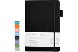 BEINUSHOR Dotted Journal, Cuaderno de Puntos con Tapa Dura con Papel Grueso Premium de 100gsm, Lazo Para Bolígrafo, Bolsillo Interior, Bandas Elásticas, 192 Páginas/Hojas, 14,5 x 21,3 cm （Negro)