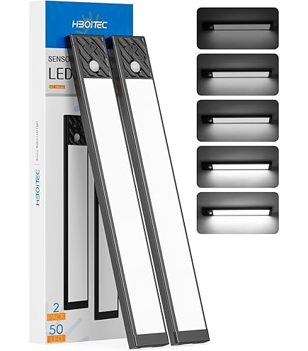 HIBOITEC Lampe De Placard Avec Détecteur De Mouvement 60LED,Rechargeable Sans Fil Led Cuisine,3 Couleur 3 Modes Dimmable,Convient à Armoires,Cuisines, Couloirs, Escaliers