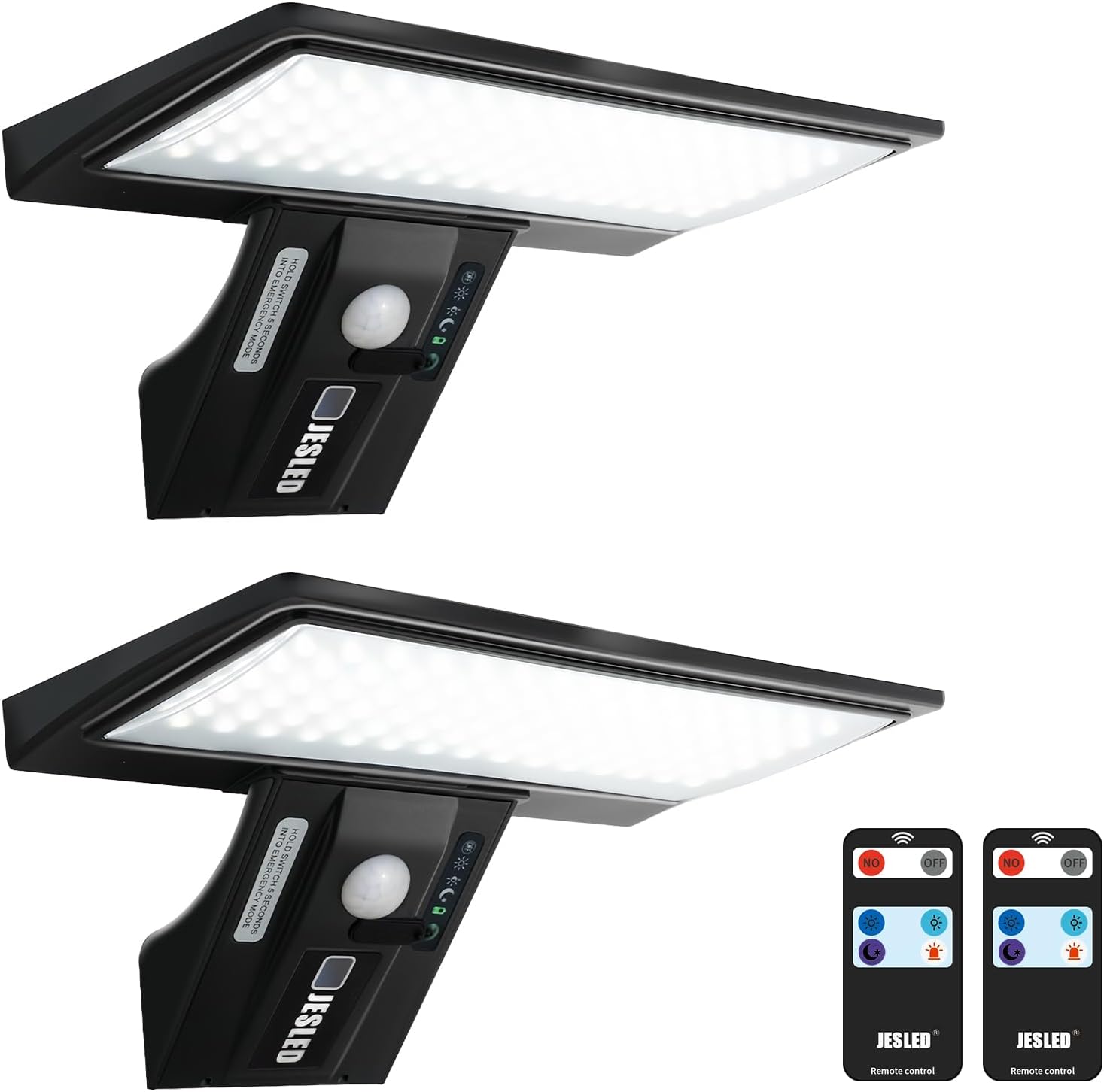 JESLED Luz Solar Exterior, 2 Paquete 90 LED, Foco Potente con Sensor de Movimiento, Impermeable con 4 Modos Inteligentes para Jardín, Patio, Camino, Escalera