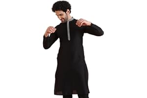 KISAH Mens Kurta Midnight Black Cotton Fabric Full Sleaves Knee Length Regular Fit Ethnic Clothing