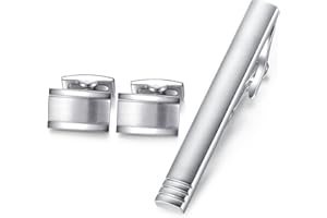 HONEY BEAR Cufflinks Tie Clip Set For Mens - Rectangle Stainless Steel Silver, for Business Wedding Gift