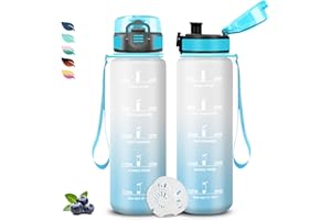 GRSTA Botella Agua, Botella de Agua 1l con Filtro, Cantimplora Infantil a Prueba de Fugas, Fácil de Transportar, Cantimplora Reutilizable con Eslogan Motivacional, para la Escuela, Oficina, Camping, Gym