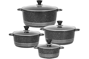 Bargain Shack Die Cast Stockpot Set - Aluminium 4Pcs Non Stick Coating Cooking Pot -Induction Stock Pot with Tempered Glass Lid with Steam Vent (20-24- 28-32 cm) (4 Pcs Marbled, Black)