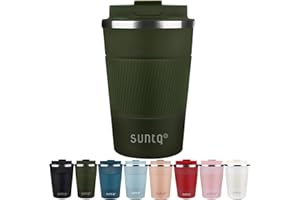 SUNTQ Kaffeebecher to go Thermo aus Edelstahl - Thermobecher mit Gummierte Manschette Doppelwand Isoliert - Kaffeetasse mit Auslaufsicherem Deckel Wiederverwendbar, Grün 380ml