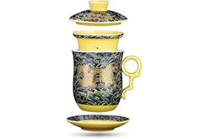 YURROAD 400ml Tasse À Thé 4-en-1 avec Couvercle, Infuseur et Soucoupe, Motif Dragon Chinois, Céramique Mug - TC400 Vert Foncé