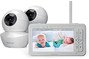 Babysense Monitor de Bebé de Pantalla Dividida HD de 5", Monitor de Bebé con 2 Camaras HD con Luz Nocturna, Alcance de 300m, Audio Bidireccional, Zoom 4X, Visión Nocturna, Batería de 4000mAh