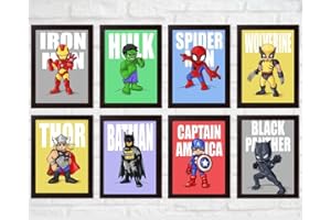 SAFARI ART Juego de 8 lienzos de superhéroes para habitación de los niños - Lienzo decorativo personalizado de los Vengadores - Spiderman, Ironman, Hulk, Batman Art Posters para dormitorio de los niños