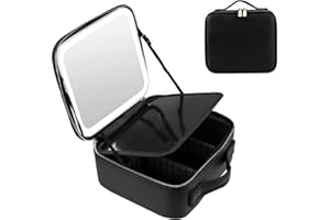 PEALOV Maletin Maquillaje con Espejo,con 3 Luces de Relleno de Color,Bolso Cosmético De Cuero PU,con Compartimento Divisores Extraíble,Bolsa De Maquillaje con Organizador De Cepillos(Negro)