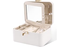 KAMIER 2-Layer Jewelry Box for Women, White PU Leather Organizer with Large Mirror, Double Lock, Hidden Necklace Hooks, Removable Dividers, Gift Box Packaging