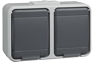 Schneider Electric Elso Schuko-Steckdose mit Klappdeckel, 2-fach, AquaTop, Steckklemme, waagerecht, Aufputz, IP44, 16A, licht/basaltgrau, Artikelnummer 445409