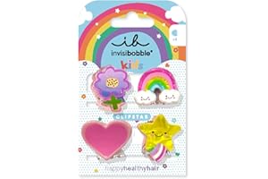 ‎INVISIBOBBLE invisibobble CLIPSTAR KIDS HAPPY WORLD - 4 Stück Kinder Haarspangen – Regenbogen-, Stern-, Herz- und Blumen-Design – Rutschfeste Haarclips für gesundes Haar – Perfekt für Mädchen