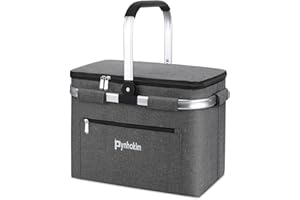 ‎PYNHOKLM Pynhoklm®30L Einkaufskorb mit Kühlfunktion Tragekorb Faltbar Picknickkorb mit Deckel Klappkorb Thermokorb Isoliertasche Faltbar Einkaufstasche mit Alurahmen Stabiler Korb-für Reisen/Picknick/Einkaufen