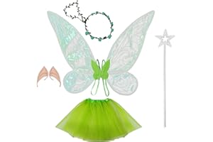 ZHSIHAI Alas de Hadas para Niñas y Adultos 5PCS Alas de Mariposa Alas de Elfo Fairy Wings Alas de Angel con Orejas de Elfo Corona Flores Disfraz para Halloween Carnaval Cosplay Fiestas(Verde)