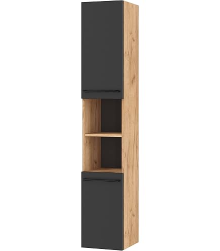 CDF Bad-Hochschrank NEL II | Anthrazit – Eiche Artisan | 174 Cm Hoch, 30 Cm Tief | Mit Türen & Einlegeböden