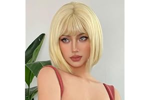 Creamily Short Bob Blonde Wig with Bangs, Colorful Wig for Halloween Daily Cosplay & Party Use, Natural Hair Straight Synthetic Cosplay Party Wigs for Women 10 Inches