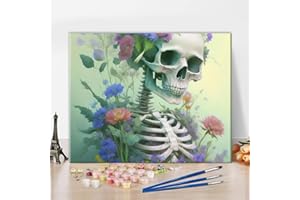 TISHIRON Skull Paint by Numbers for Adults, Flowers and Skeleton DIY Oil Painting Acrylic Paint by Number Kits for Kids Adults Beginner for Home Wall Decor 16"x20"