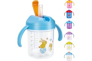 SUPPRUI Sippy Cup,280ml Baby Cup,Straw Cups with Handles,Spill-Proof Baby Sippy Cups,Water Bottles with Straw for Babies,BPA Free,Trainer Cups for 6+ Months (Transparent-Blue Lid)