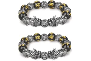 Houhounb Pulsera china Pi Xiu Feng Shui con cuentas de obsidiana negra Pixiu con ojo de tigre y doble Pixiu Lucky Brave Troop Charms Joyería para la riqueza de la suerte, 2 piezas, A-5