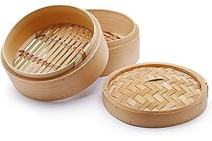 H&H cuocivapore, cestello per Cottura a Vapore, 2 Livelli, con Coperchio, bambù, 23 cm