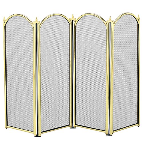 Traditional 4 Fold Arched Fire Guard with Decorative Finials - Brass Finish - Height 64cm (25