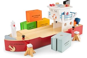 New Classic Toys Container Ship with 4 containers, Multicolore, Nave Cargo, 10900