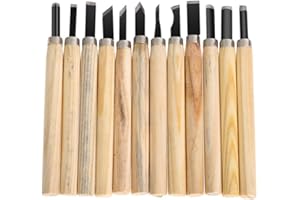 Yakamoz 12pcs Outil de Gravure Sur Bois Sculpture Tool Sur Bois Main Gravure Sur Bois Manche en Bois Couteaux à Découper Pour Sculpteur, Charpentier, Amateur, Poterie, Cire