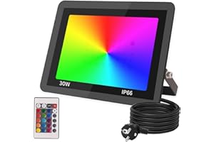 JBdusn 30W Faretto LED RGB Esterno Proiettore, Proiettori LED Cambio Colore RGB con Telecomando, 16 Colori, Faro con Spina, Dimmerabile Proiettore per Interno Esterno Giardino Cortile Partito