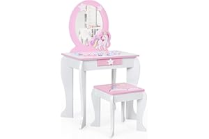GOPLUS Set di toeletta e sedia per bambine, toeletta con specchio e sgabello in stile principessa, mobili per camera da letto e sala giochi per bambini, 49 x 34 x 89,5 cm (Bianco)