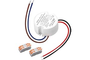 Muzveik Transformateur LED 12V 12W 1A, IP67 Étanche Alimentation Rond Ø48mm, Transfo avec 2 Connecteurs pour Ruban LED, Spots, Éclairage Extérieu