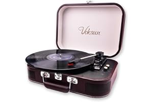Tocadiscos de Vinilo, VOKSUN Tocadiscos Portátil Vintage con Altavoces Incorporados, Reproductor LP Vinilo con In/out Bluetooth con 3 Velocidades, Maleta USB, Entrada AUX, Línea RCA, Auto-Stop (Rojo)