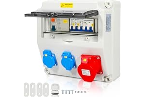 Eulenke Wandverteiler mit FI-Schutzschalter, Baustromverteiler CEE 1x16A 5P, 2x230V Schuko Steckdosen, mit Leitungsschutzschalter, IP44 Wasserdicht mit Sicherheitsklappdeckeln