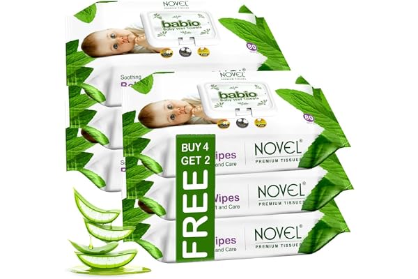 Novel Baby Wet Wipes 80 Wipes x Pack of 6 (480 Wipes) | Aloe Vera, Chamomile, Vitamin E Enriched | pH Balanced, Alcohol, Hypo