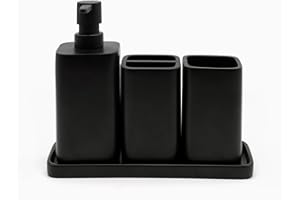 ZCCZ Badezimmer Set 4 Teile – Badezimmer Organizer mit Zahnbürstenhalter, Zahnputzbecher, Seifenspender, Seifenschale, für Kosmetik und Wattestäbchen – Edle Badezimmer Deko, schwarz Matte