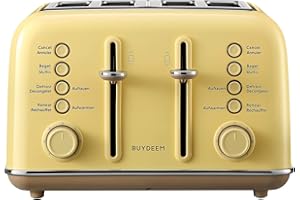 BUYDEEM DT620E Grille Pain 4 tranches de fentes larges, Inox,7 Niveaux de brunissage,Réchauffe et Décongèle,Ramasse-Miettes Amovible,Argenté et Noir